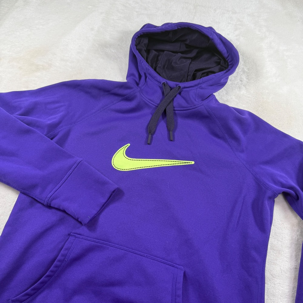 Nike Therma-FIT‎ Purple Hoodie Lime Green Swoosh Pullover Womens Large